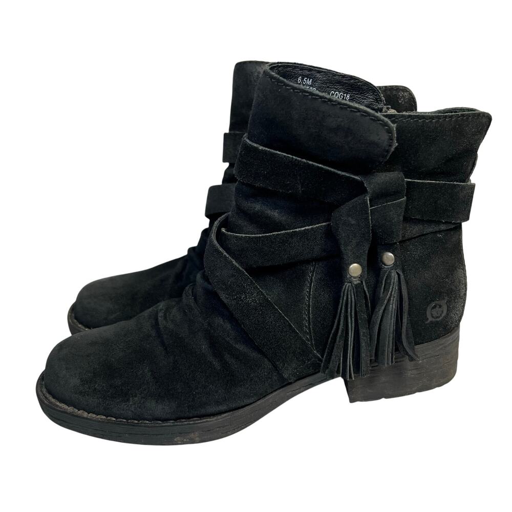 Born Eton Distressed Suede Leather Ankle Boots Tassels Black Womens Size 6.5